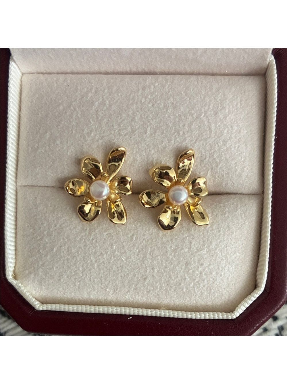 Gold Flower Pearl Center Stud Earrings - Women Jewelry